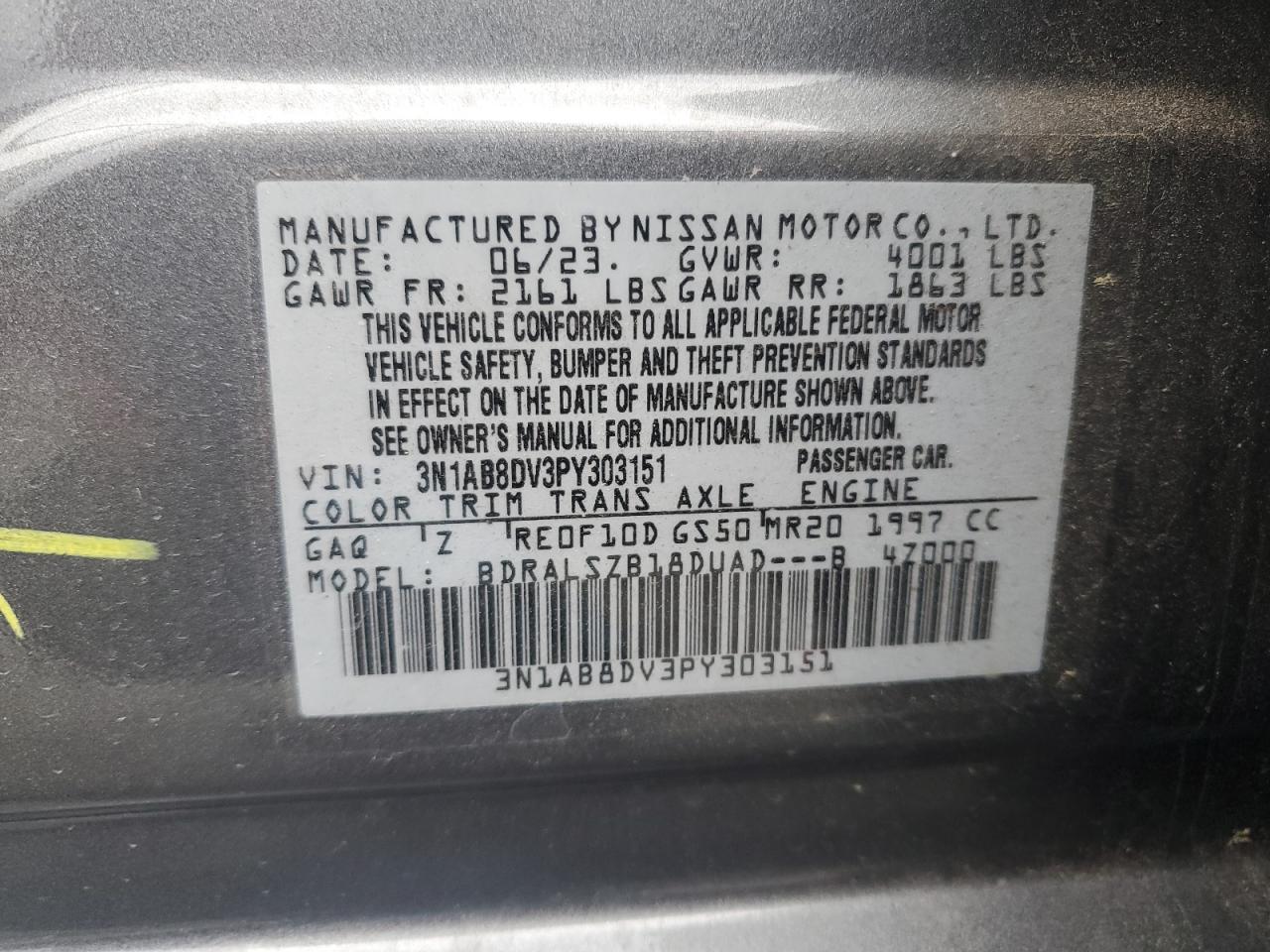 2023 NISSAN SENTRA SR VIN:3N1AB8DV3PY303151