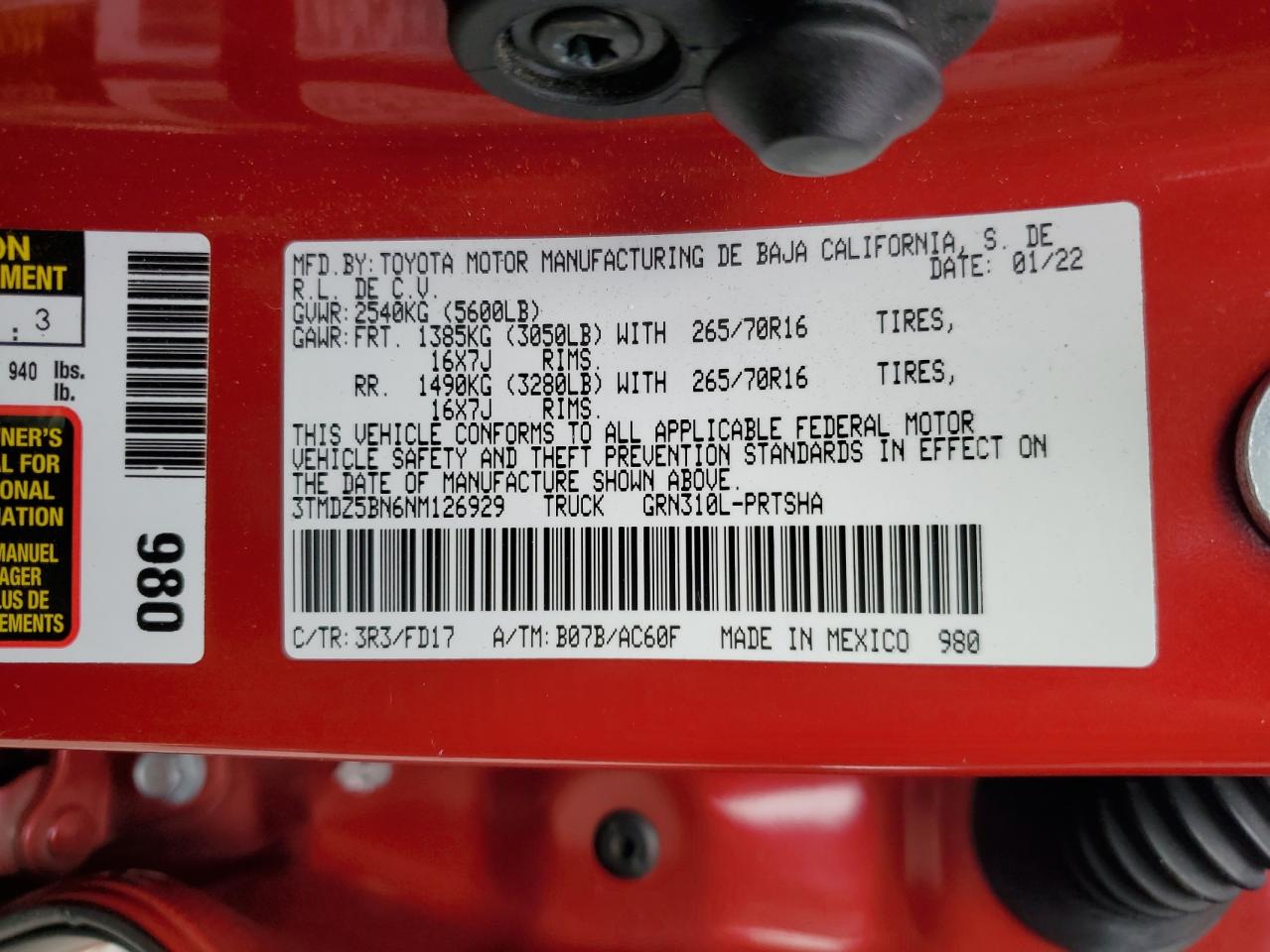 2022 TOYOTA TACOMA DOUBLE CAB VIN:3TMDZ5BN6NM126929