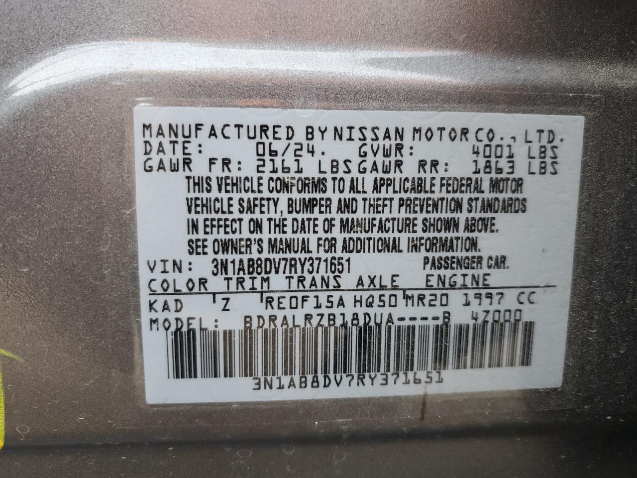 2024 NISSAN SENTRA SR VIN:3N1AB8DV7RY371651