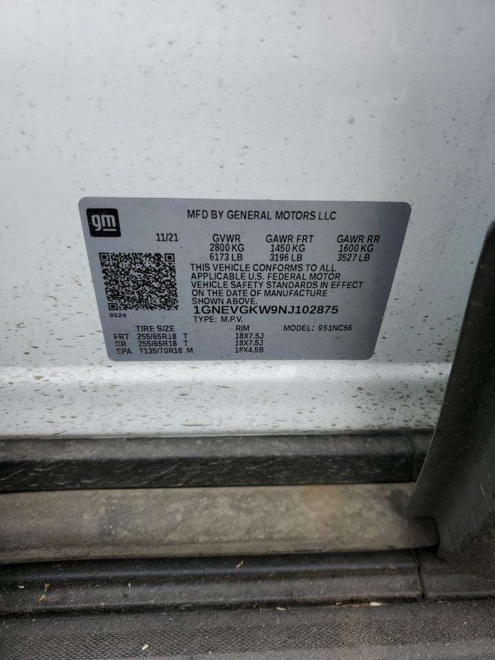 2022 CHEVROLET TRAVERSE LT VIN:1GNEVGKW9NJ102875