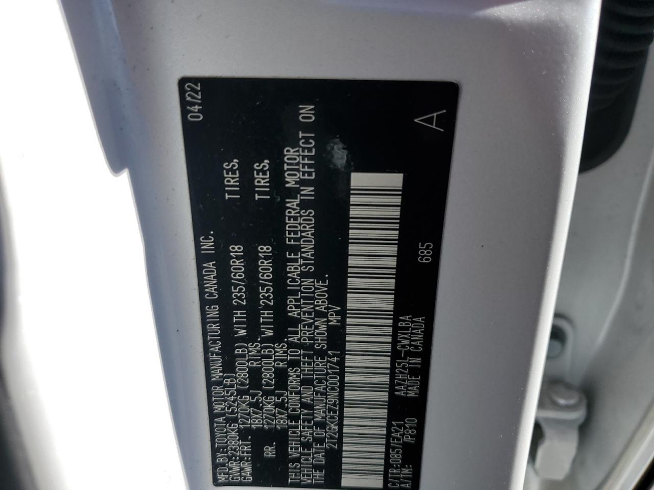 2022 LEXUS NX 350H VIN:2T2GKCEZ9NC001741