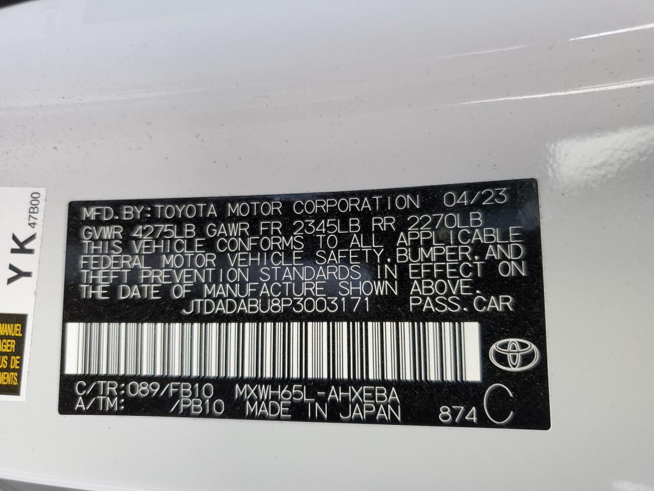 2023 TOYOTA PRIUS LE VIN:JTDADABU8P3003171