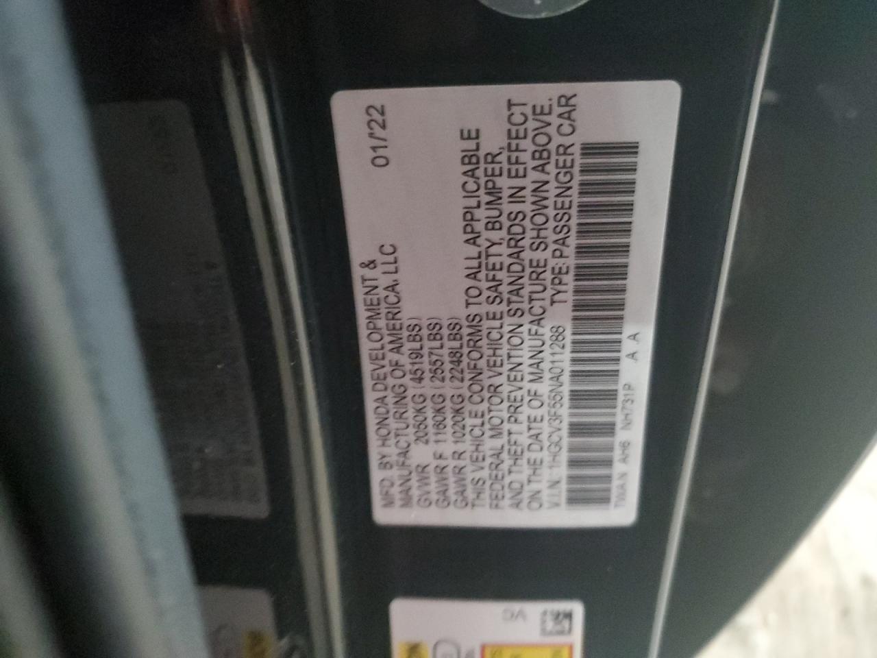 2022 HONDA ACCORD HYBRID EXL VIN:1HGCV3F55NA011288