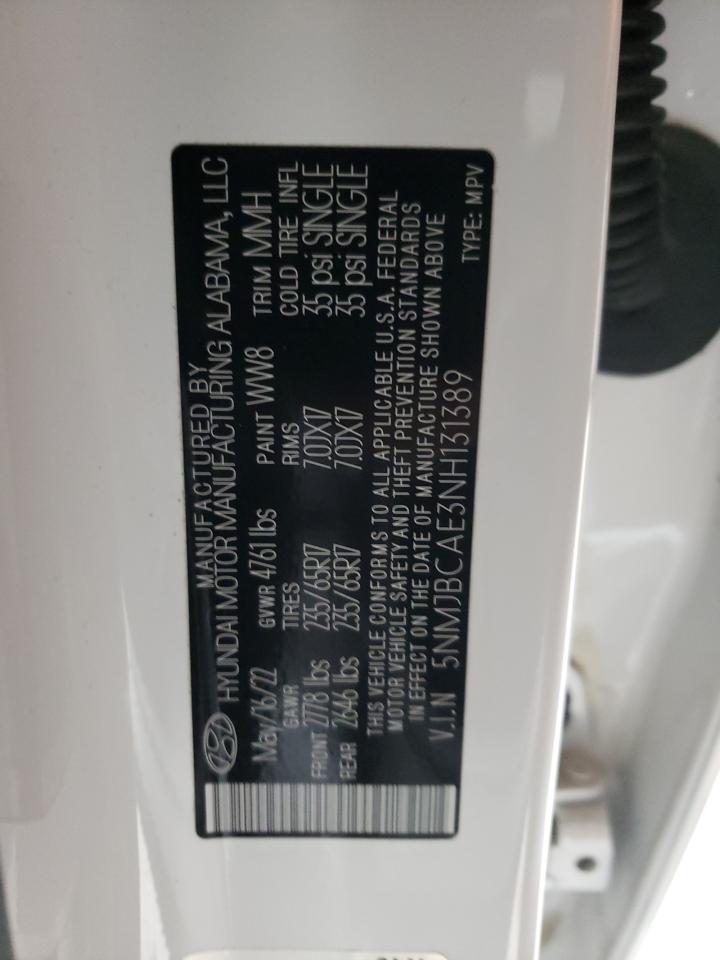 2022 HYUNDAI TUCSON SEL VIN:5NMJBCAE3NH131389