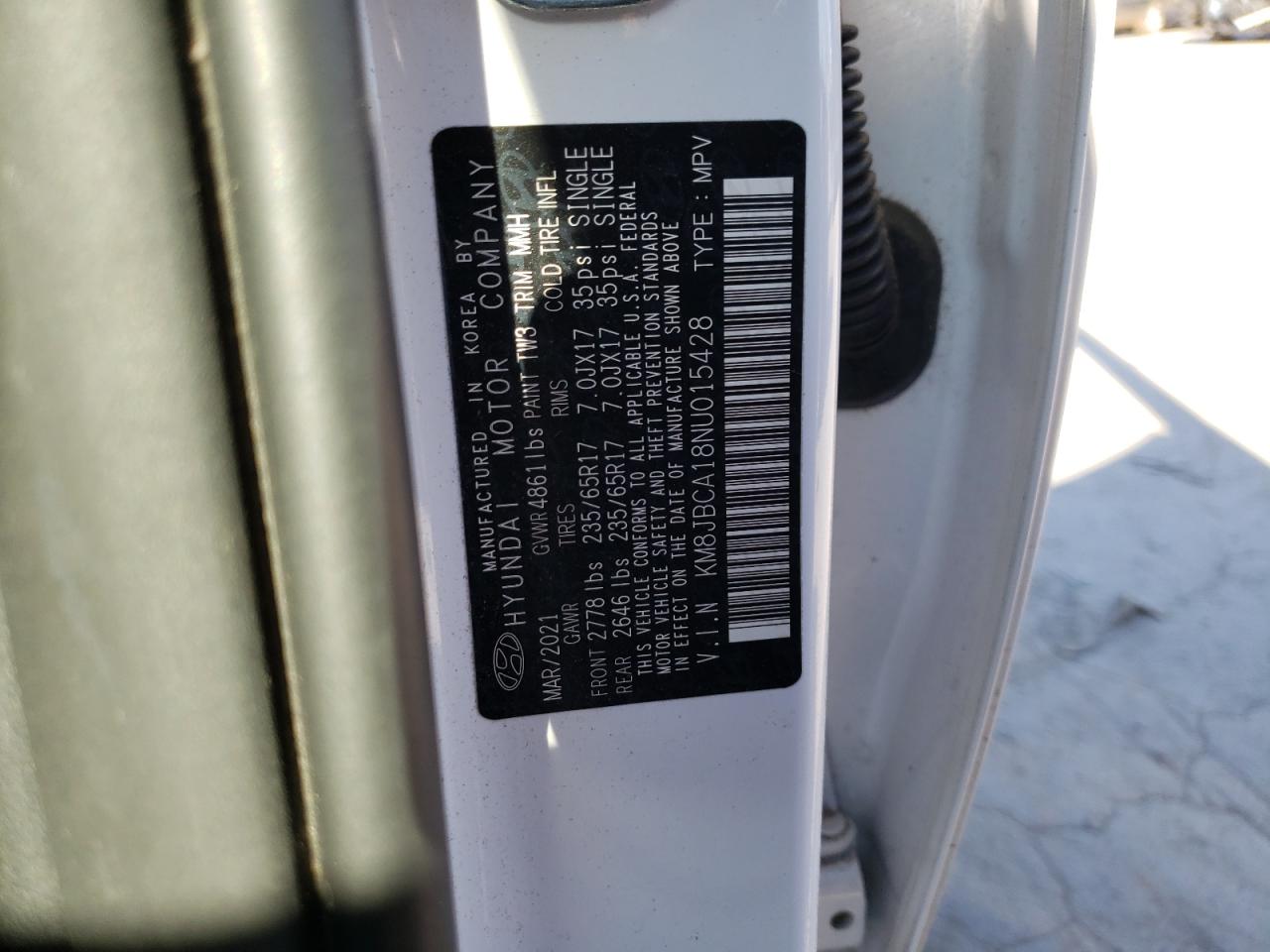 2022 HYUNDAI TUCSON BLUE VIN:KM8JBCA18NU015428