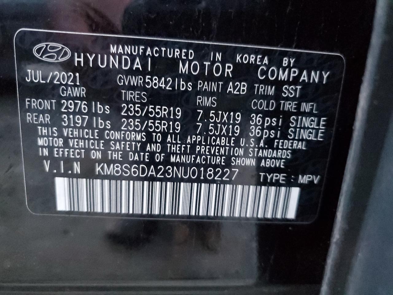 2022 HYUNDAI SANTA FE SEL VIN:WA1B4AFY9K2077368