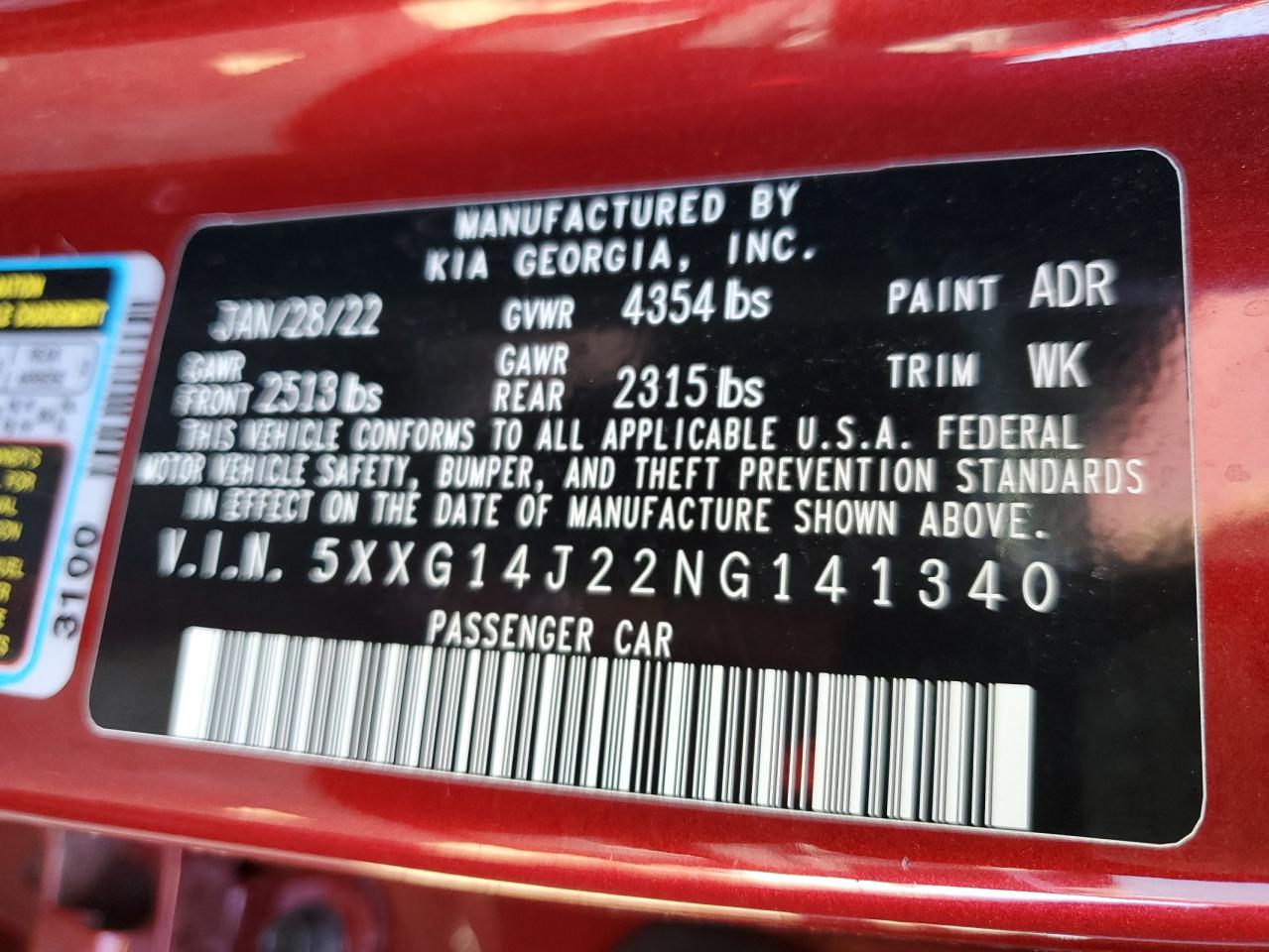 2022 KIA K5 LXS VIN:5XXG14J22NG141340
