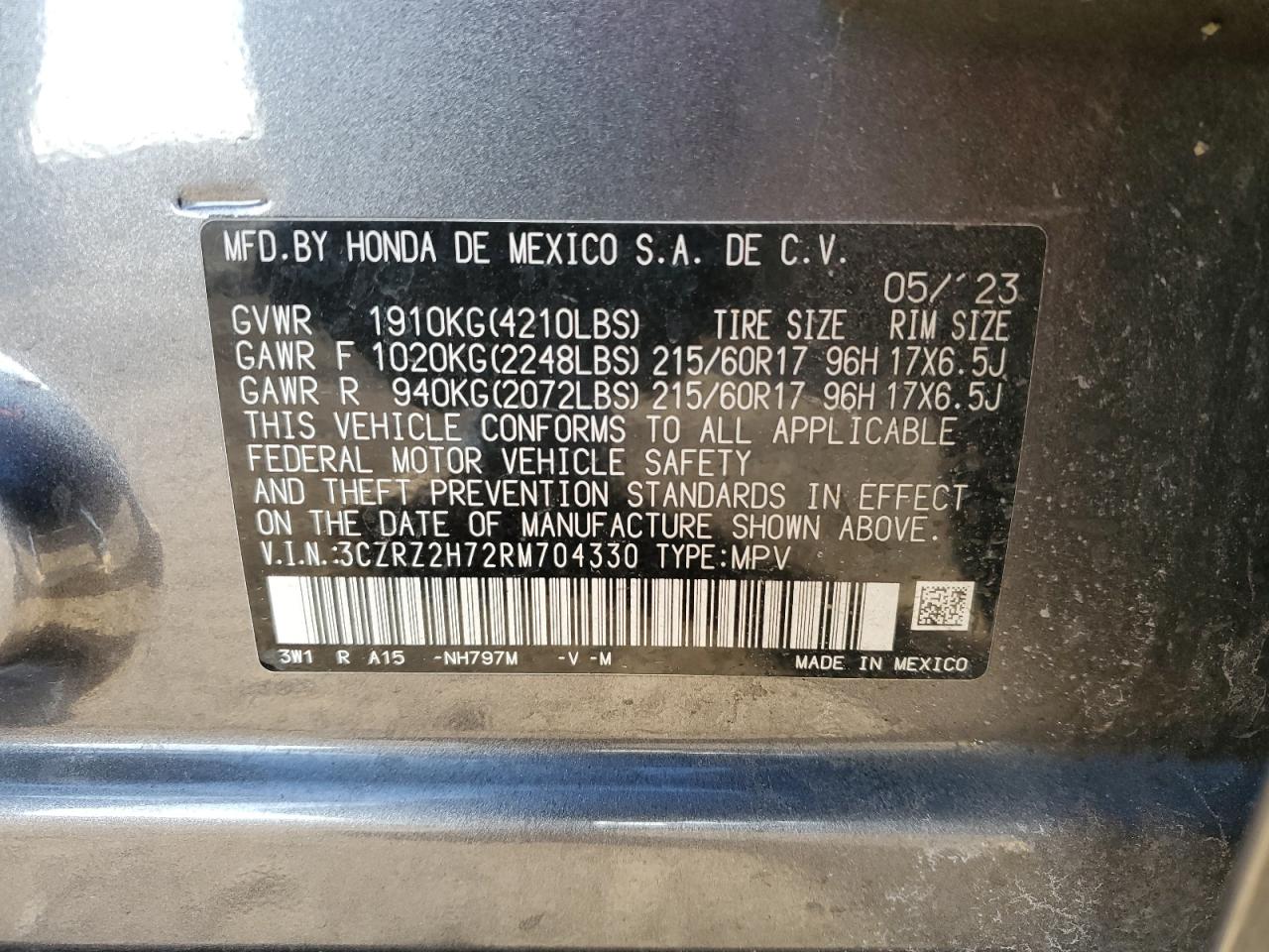 2024 HONDA HR-V EXL VIN:3CZRZ2H72RM704330