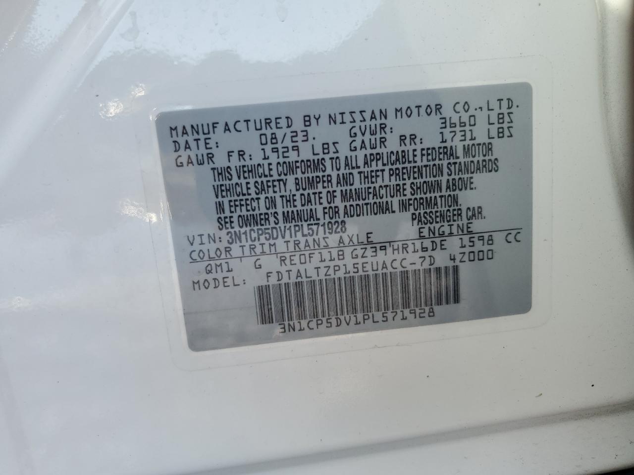 2023 NISSAN KICKS SR VIN:3N1CP5DV1PL571928