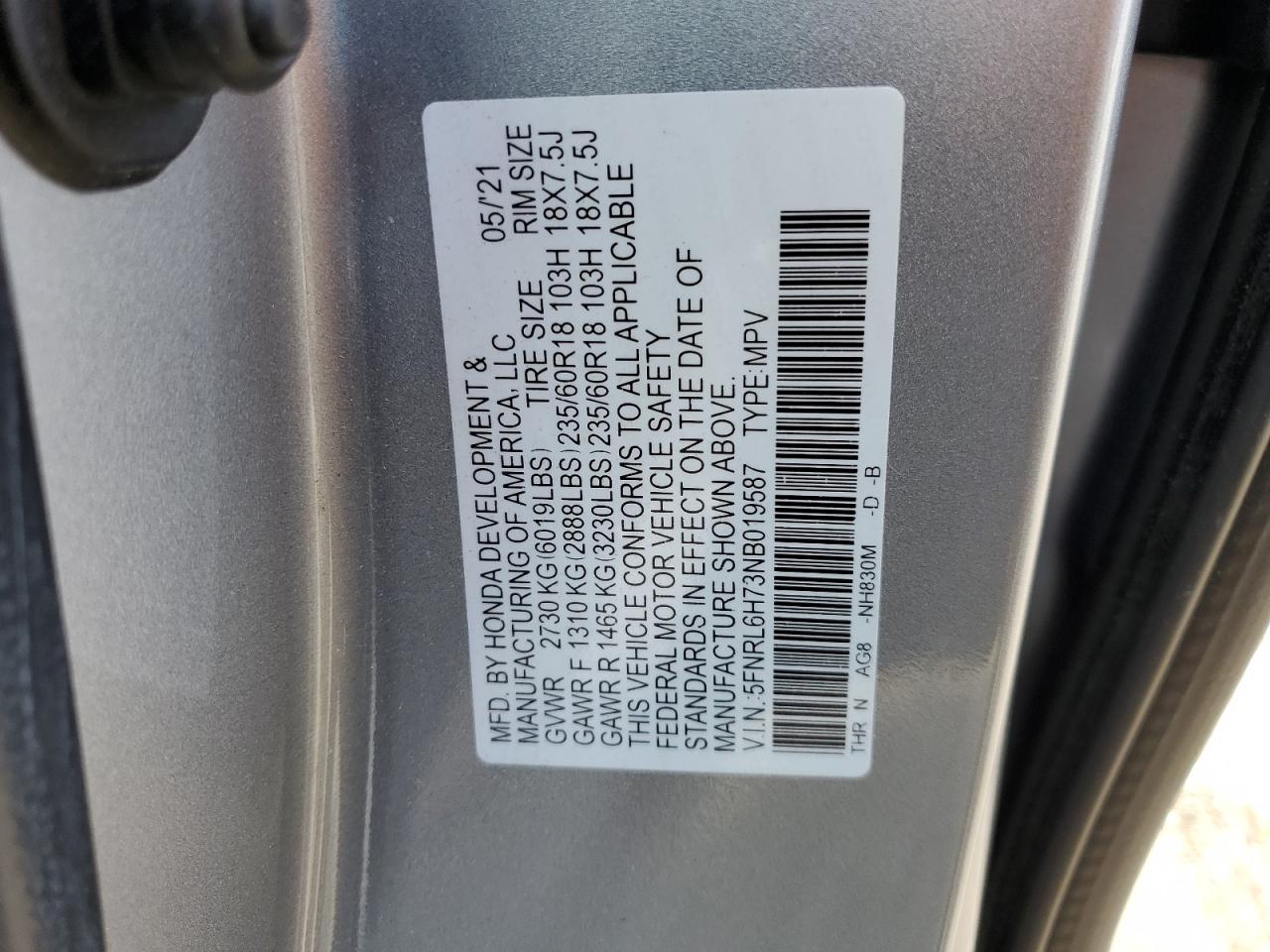 2022 HONDA ODYSSEY EXL VIN:5FNRL6H73NB019587