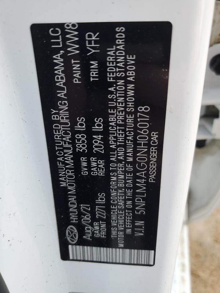 2022 HYUNDAI ELANTRA SEL VIN:5NPLM4AG0NH060178