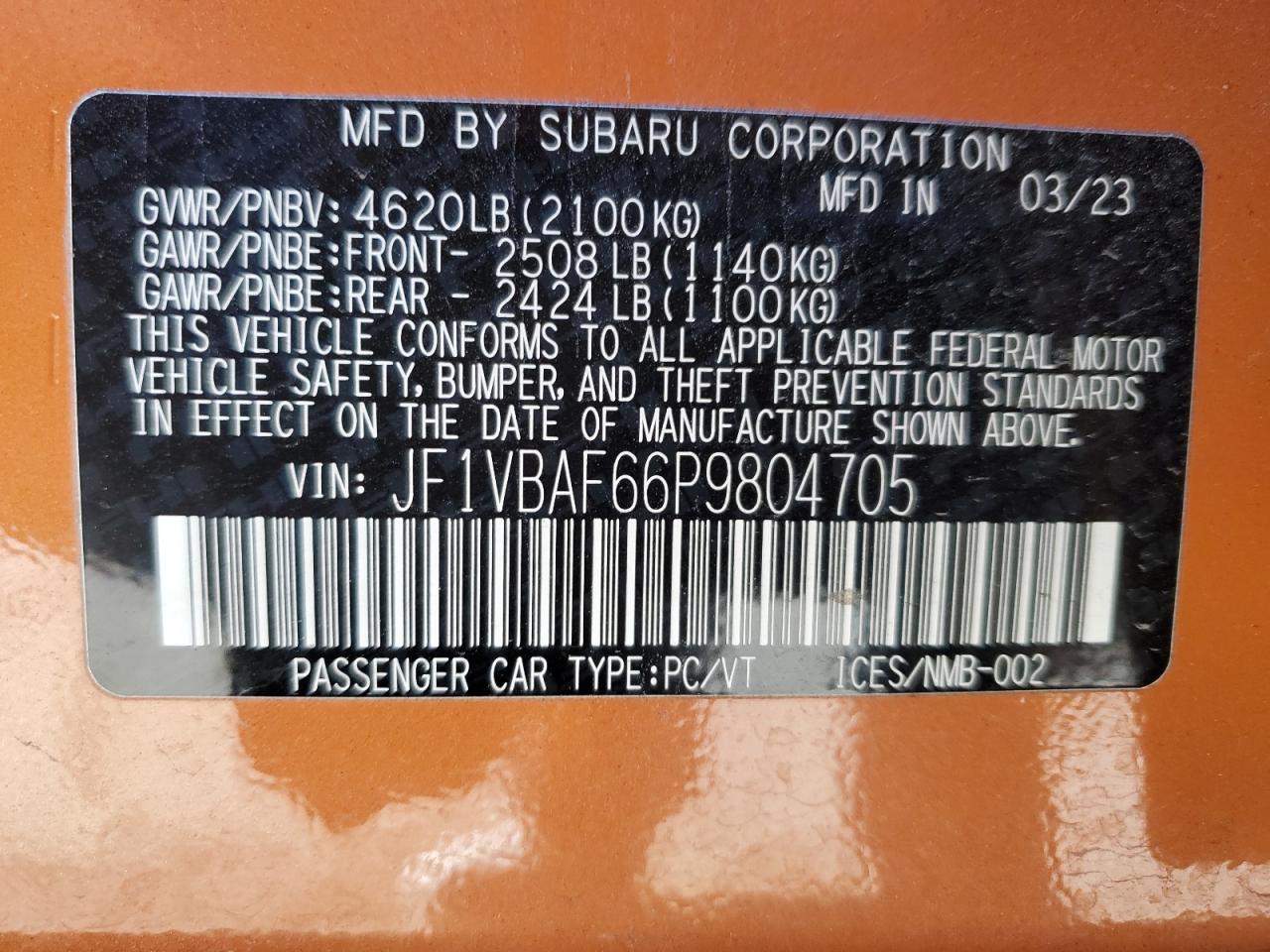 2023 SUBARU WRX PREMIUM VIN:2CNDL63F676239125