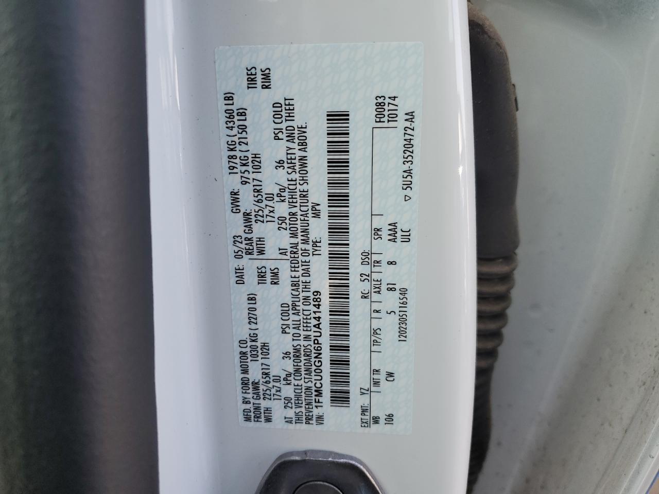 2023 FORD ESCAPE ACTIVE VIN:1FMCU0GN6PUA41489