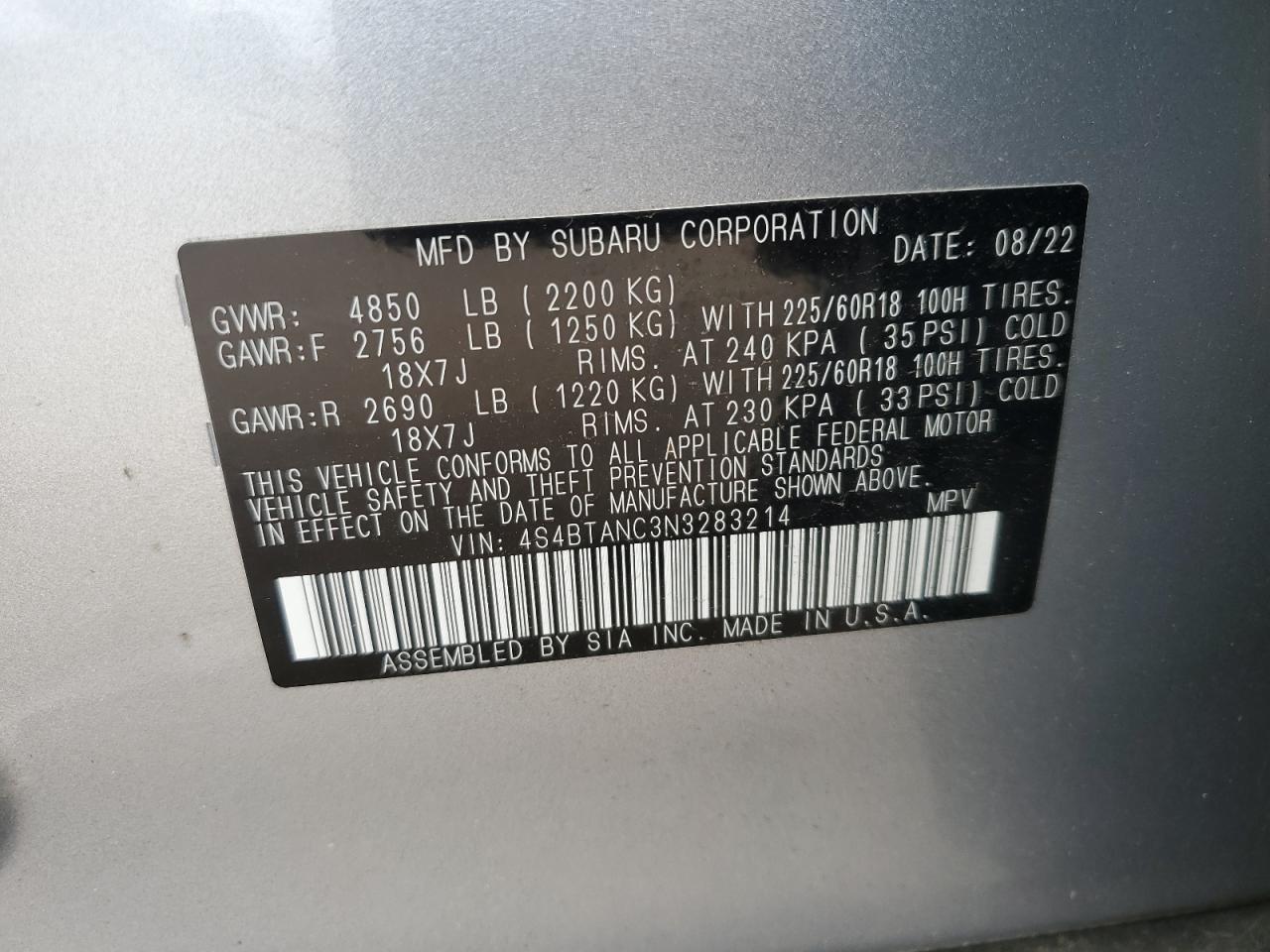 2022 SUBARU OUTBACK LIMITED VIN:4S4BTANC3N3283214