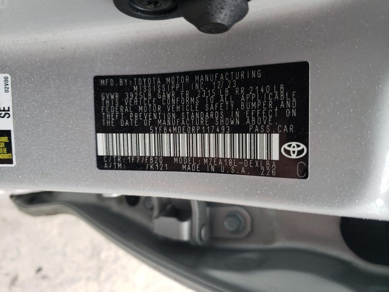 2024 TOYOTA COROLLA LE VIN:5YFB4MDE0RP117493