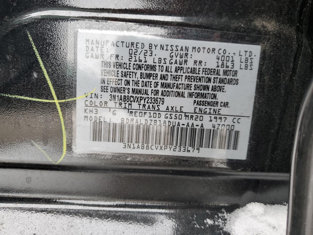 2023 NISSAN SENTRA SV VIN:3N1AB8CVXPY233679