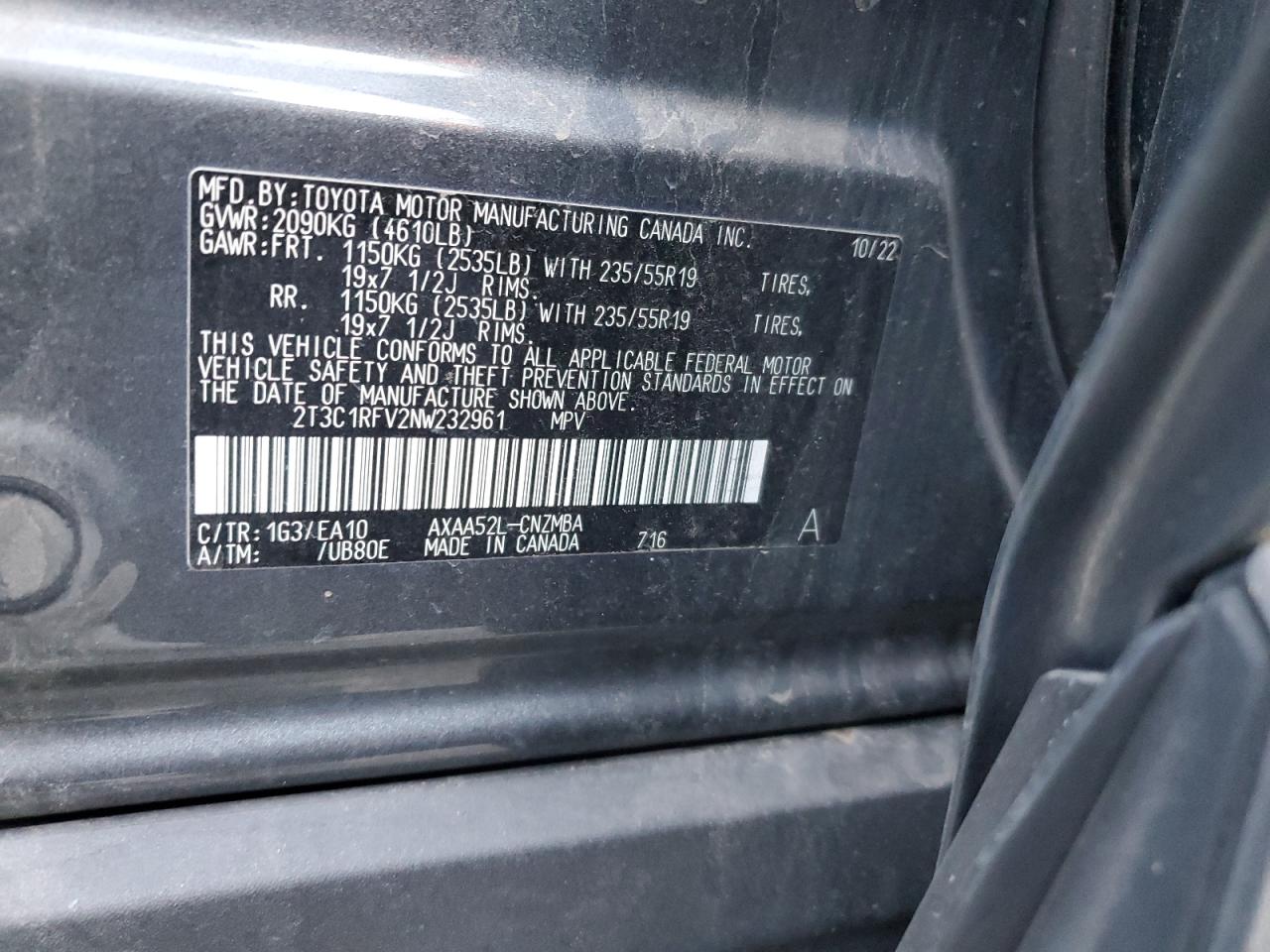 2022 TOYOTA RAV4 XLE PREMIUM VIN:2T3C1RFV2NW232961