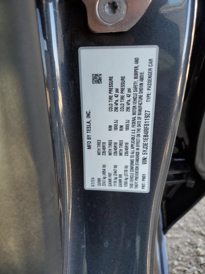 2024 TESLA MODEL 3  VIN:5YJ3E1EB4RF811927