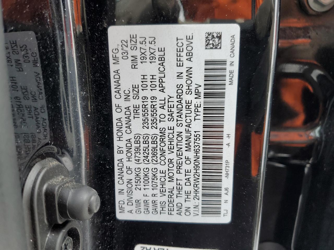 2022 HONDA CR-V TOURING VIN:2HKRW2H90NH637551