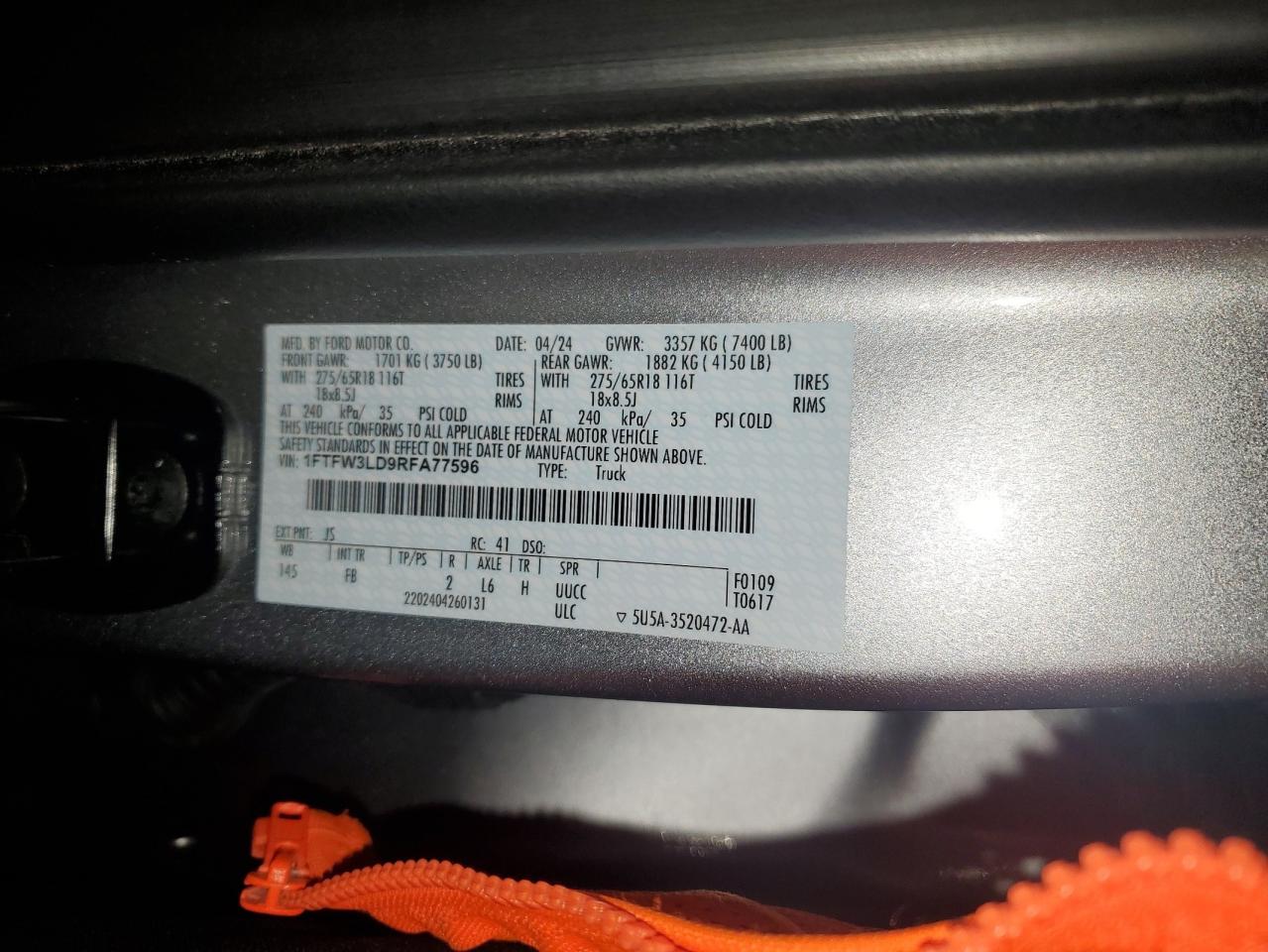 2024 FORD F150 XLT VIN:1FTFW3LD9RFA77596