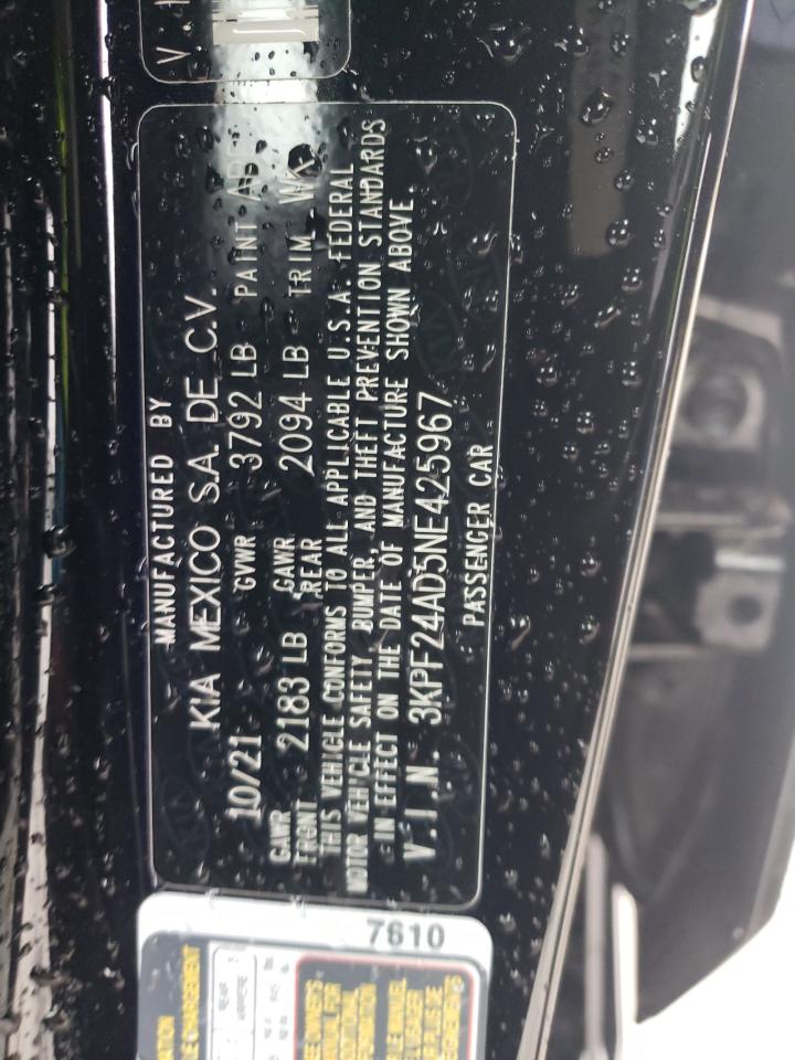 2022 KIA FORTE FE VIN:3KPF24AD5NE425967
