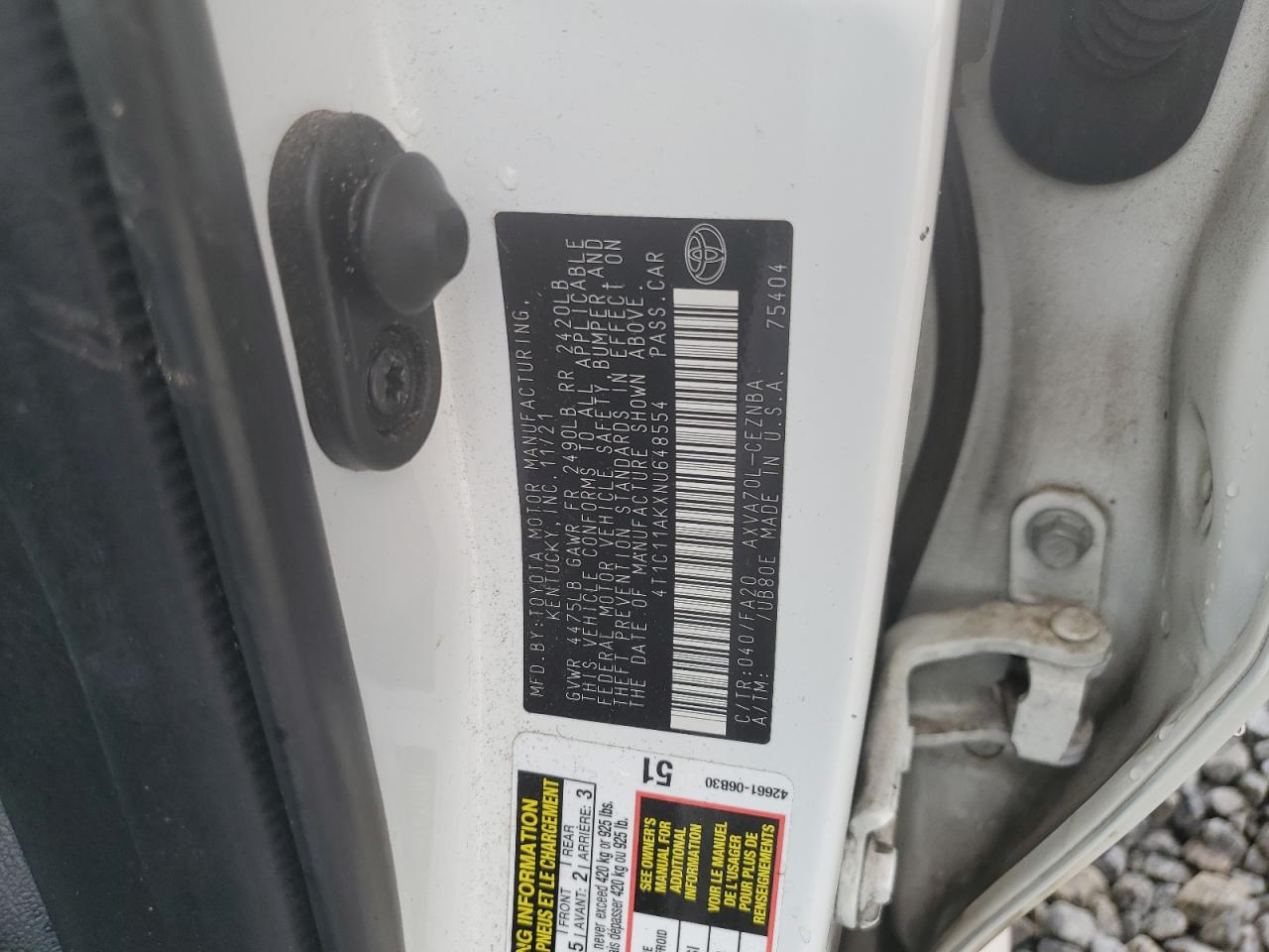 2022 TOYOTA CAMRY LE VIN:4T1C11AKXNU648554