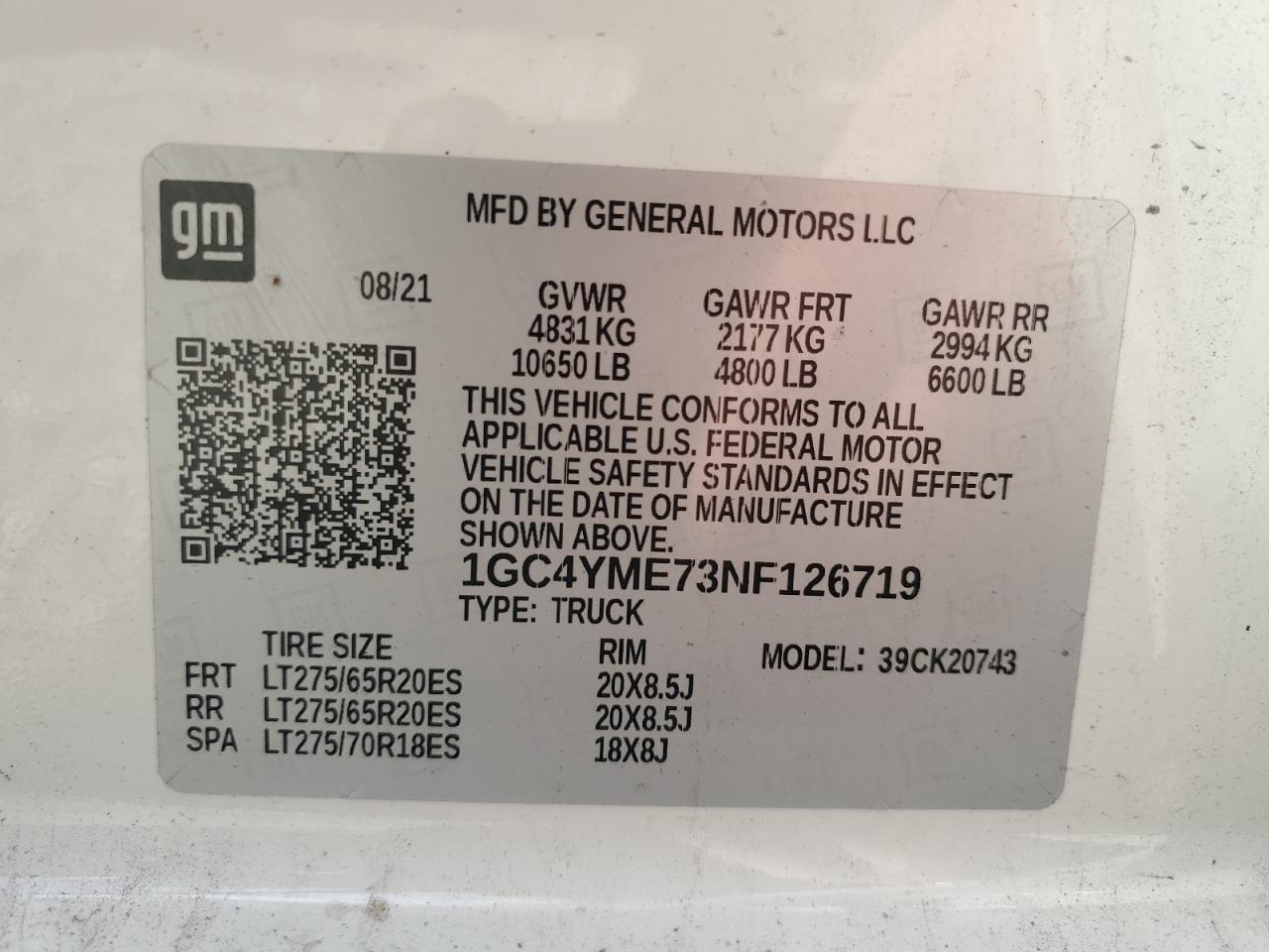 2022 CHEVROLET SILVERADO K2500 CUSTOM VIN:1GC4YME73NF126719