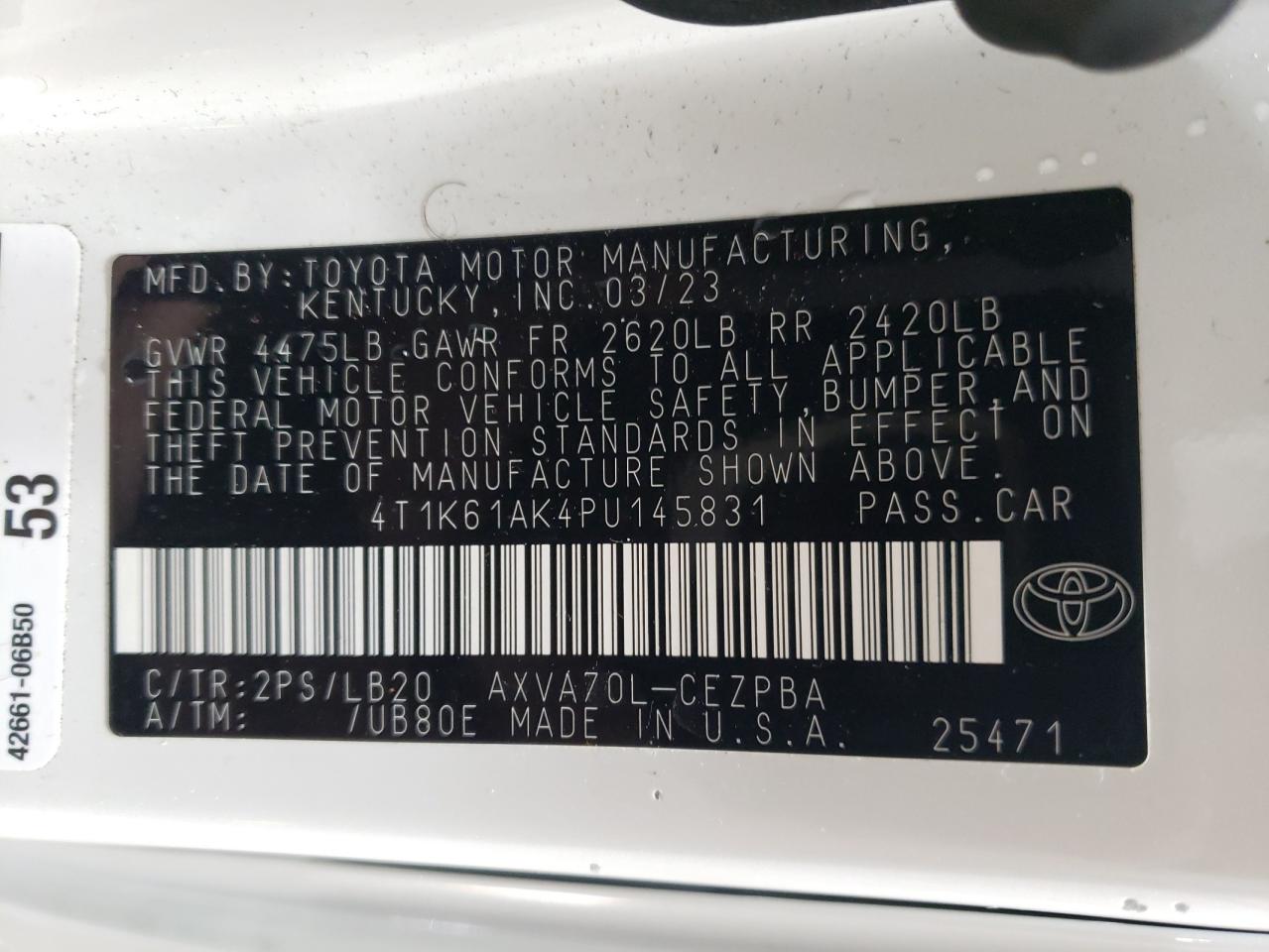 2023 TOYOTA CAMRY XSE VIN:1G1ZG5E71CF225849