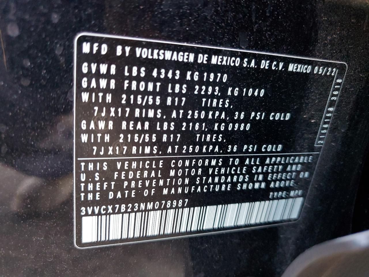 2022 VOLKSWAGEN TAOS S VIN:3VVCX7B23NM078987