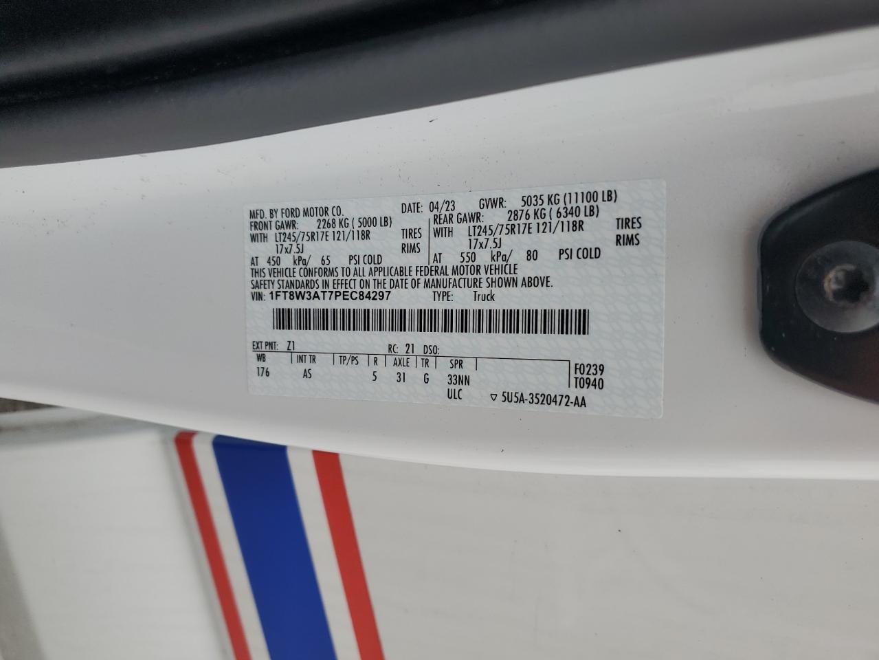 2023 FORD F350 SUPER DUTY VIN:1FT8W3AT7PEC84297