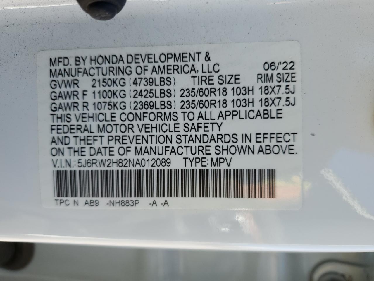 2022 HONDA CR-V EXL VIN:5J6RW2H82NA012089