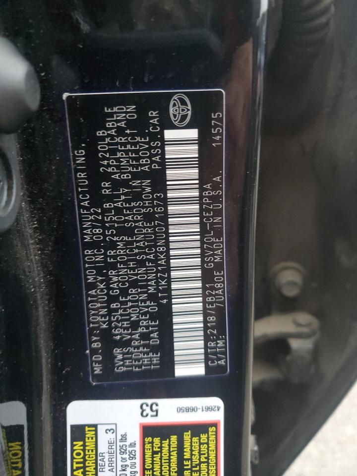 2022 TOYOTA CAMRY TRD VIN:4T1KZ1AK8NU071673