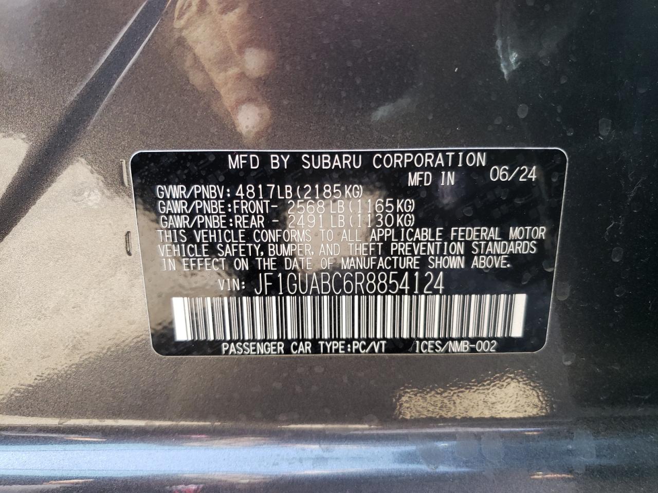 2024 SUBARU IMPREZA  VIN:JF1GUABC6R8854124