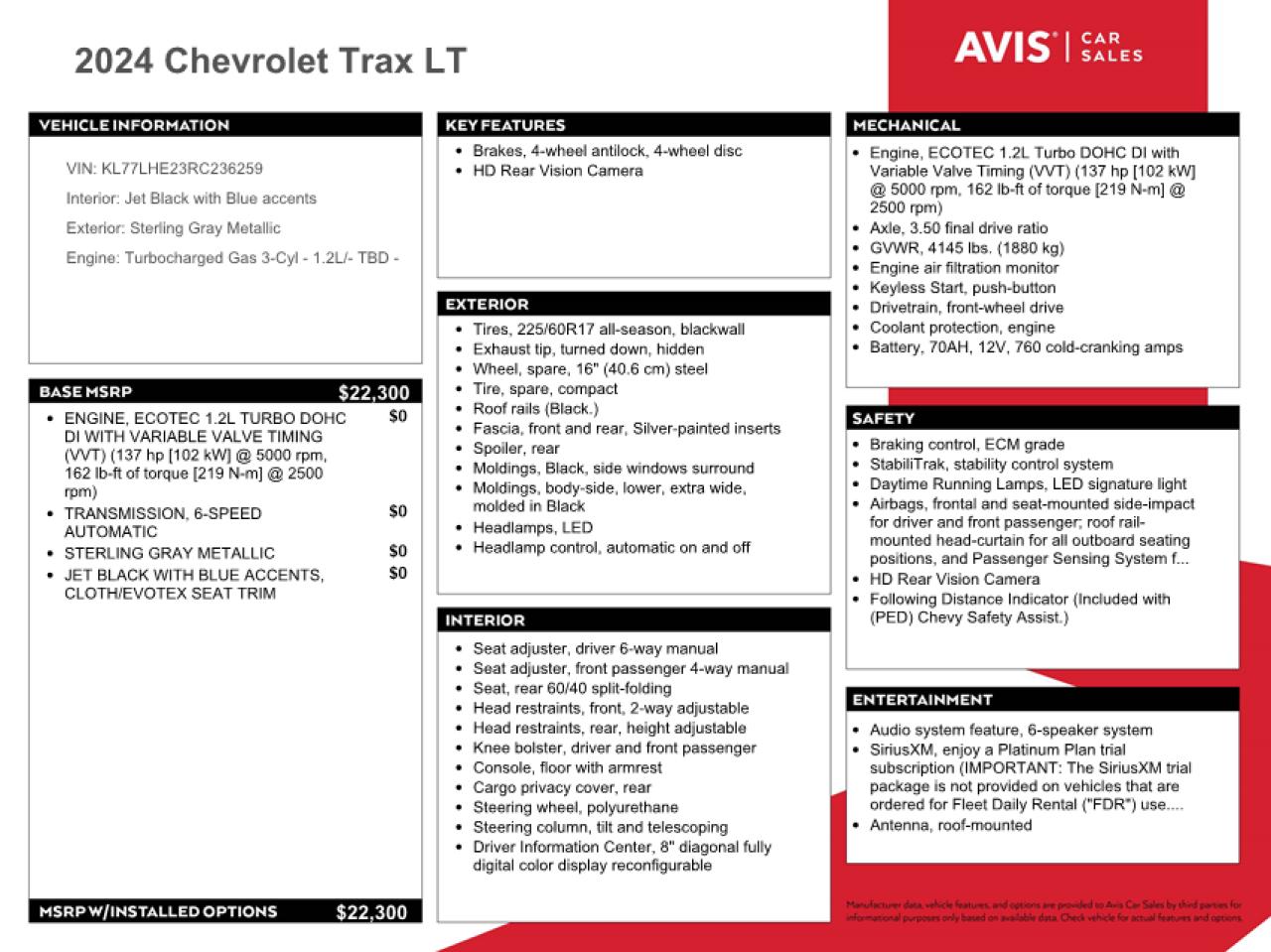 2024 CHEVROLET TRAX 1LT VIN:KL77LHE23RC236259