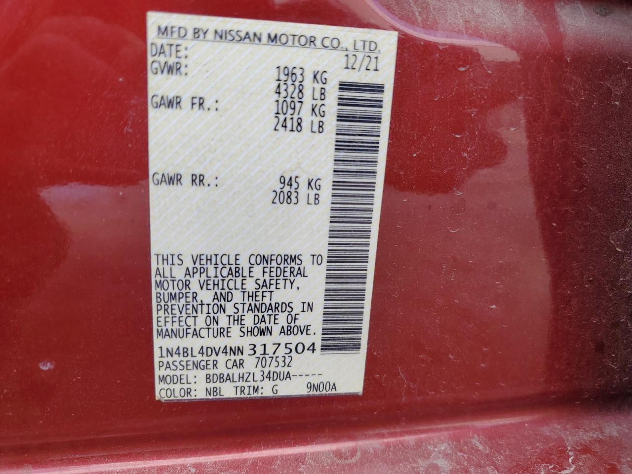 2022 NISSAN ALTIMA SV VIN:1N4BL4DV4NN317504