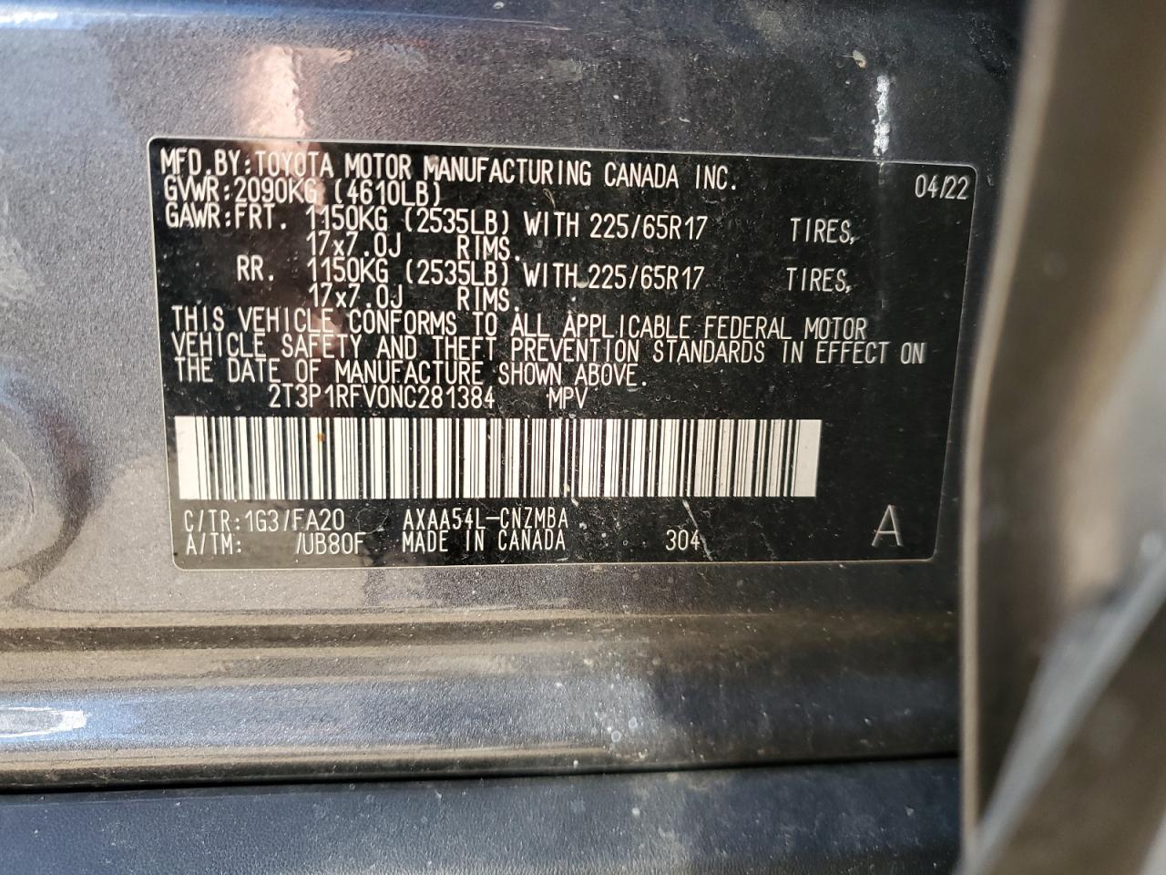 2022 TOYOTA RAV4 XLE VIN:2T3P1RFV0NC281384