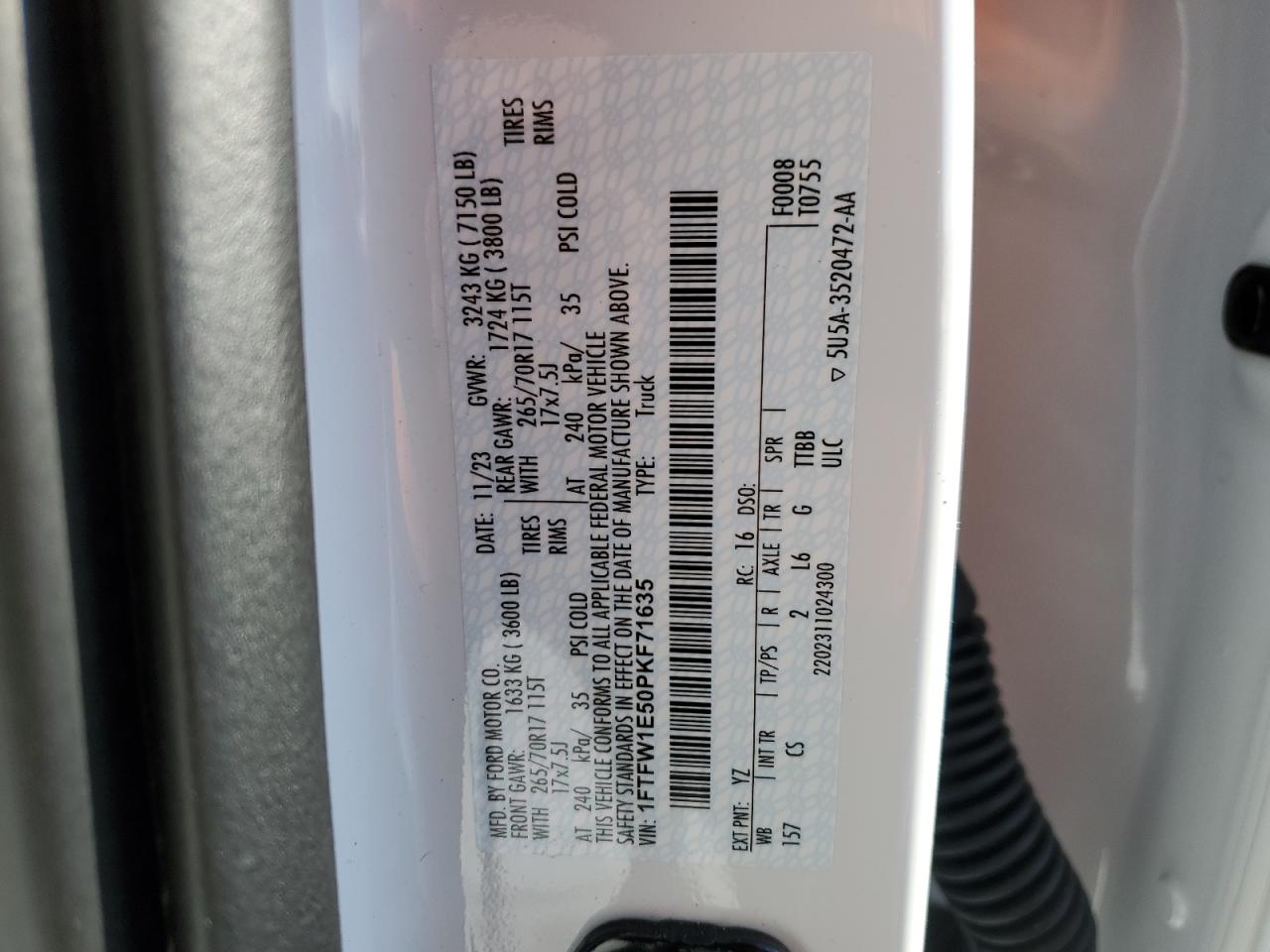 2023 FORD F150 SUPERCREW VIN:1FTFW1E50PKF71635