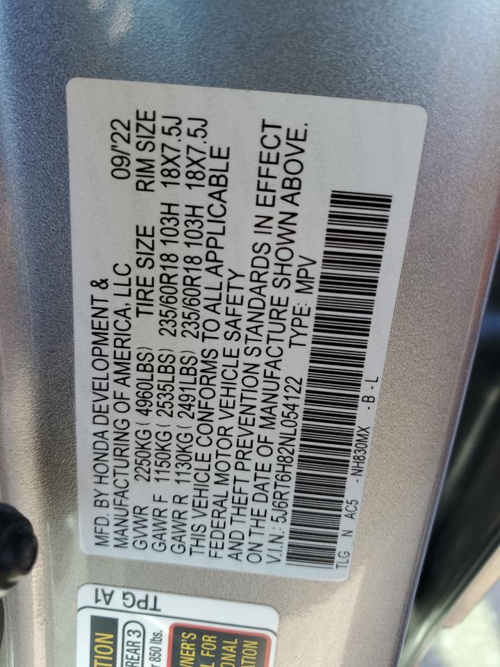 2022 HONDA CR-V EXL VIN:5J6RT6H82NL054122