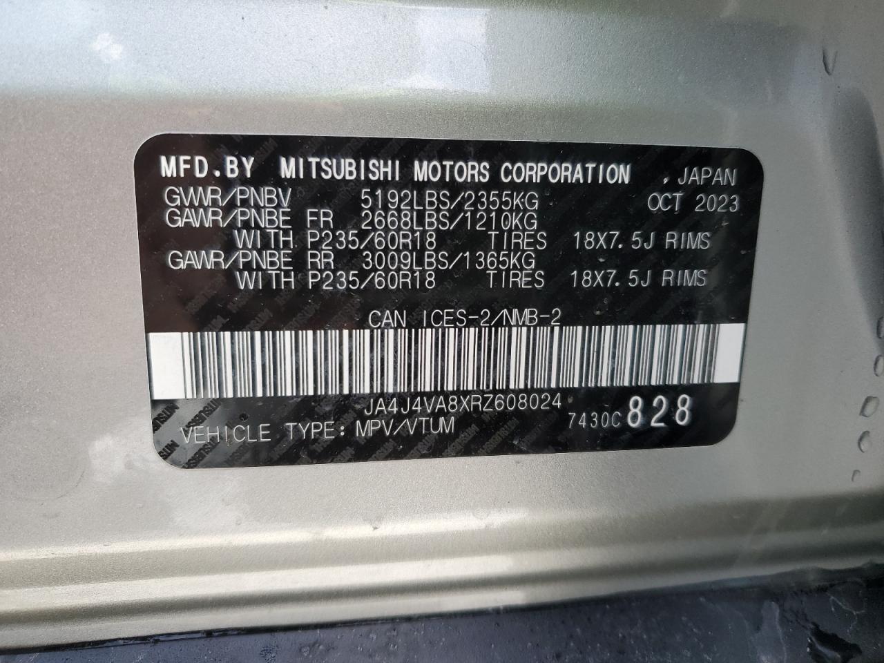 2024 MITSUBISHI OUTLANDER SE VIN:JA4J4VA8XRZ608024