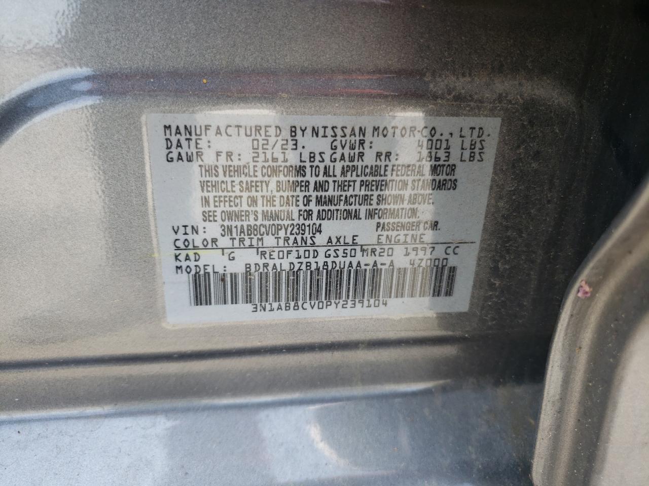 2023 NISSAN SENTRA SV VIN:3N1AB8CV0PY239104