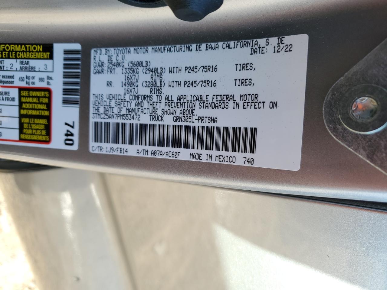 2023 TOYOTA TACOMA DOUBLE CAB VIN:1N4AL3AP7JC230939