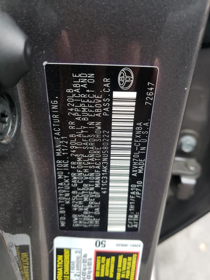 2022 TOYOTA CAMRY LE VIN:4T1C31AK3NU580222