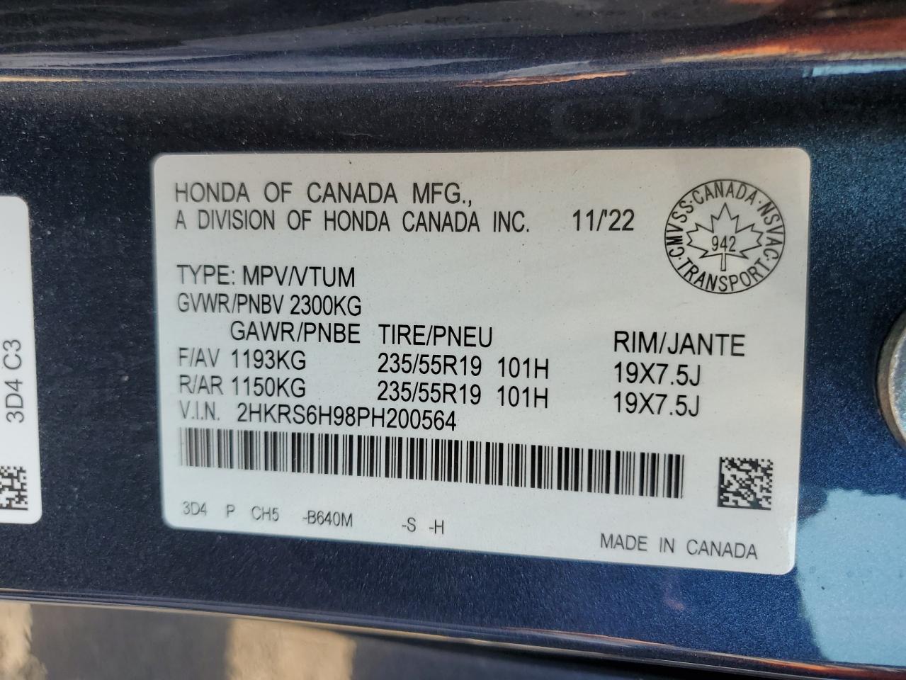 2023 HONDA CR-V SPORT TOURING VIN:2HKRS6H98PH200564