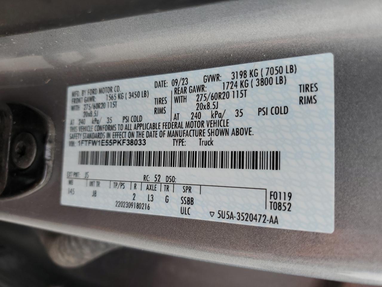 2023 FORD F150 SUPERCREW VIN:1FTFW1E55PKF38033