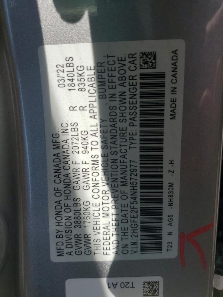 2022 HONDA CIVIC SPORT VIN:2HGFE2F54NH572977