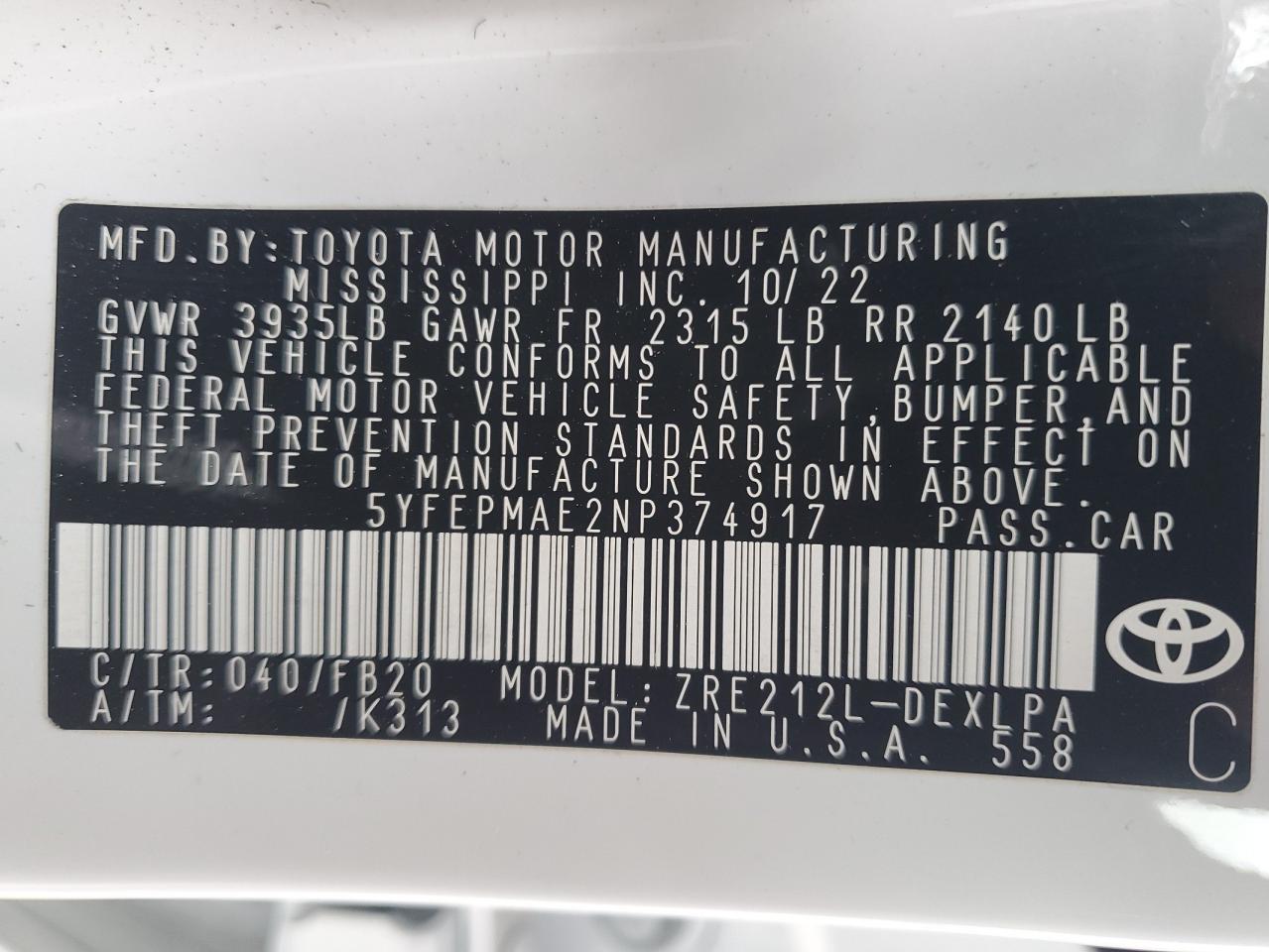 2022 TOYOTA COROLLA LE VIN:5YFEPMAE2NP374917