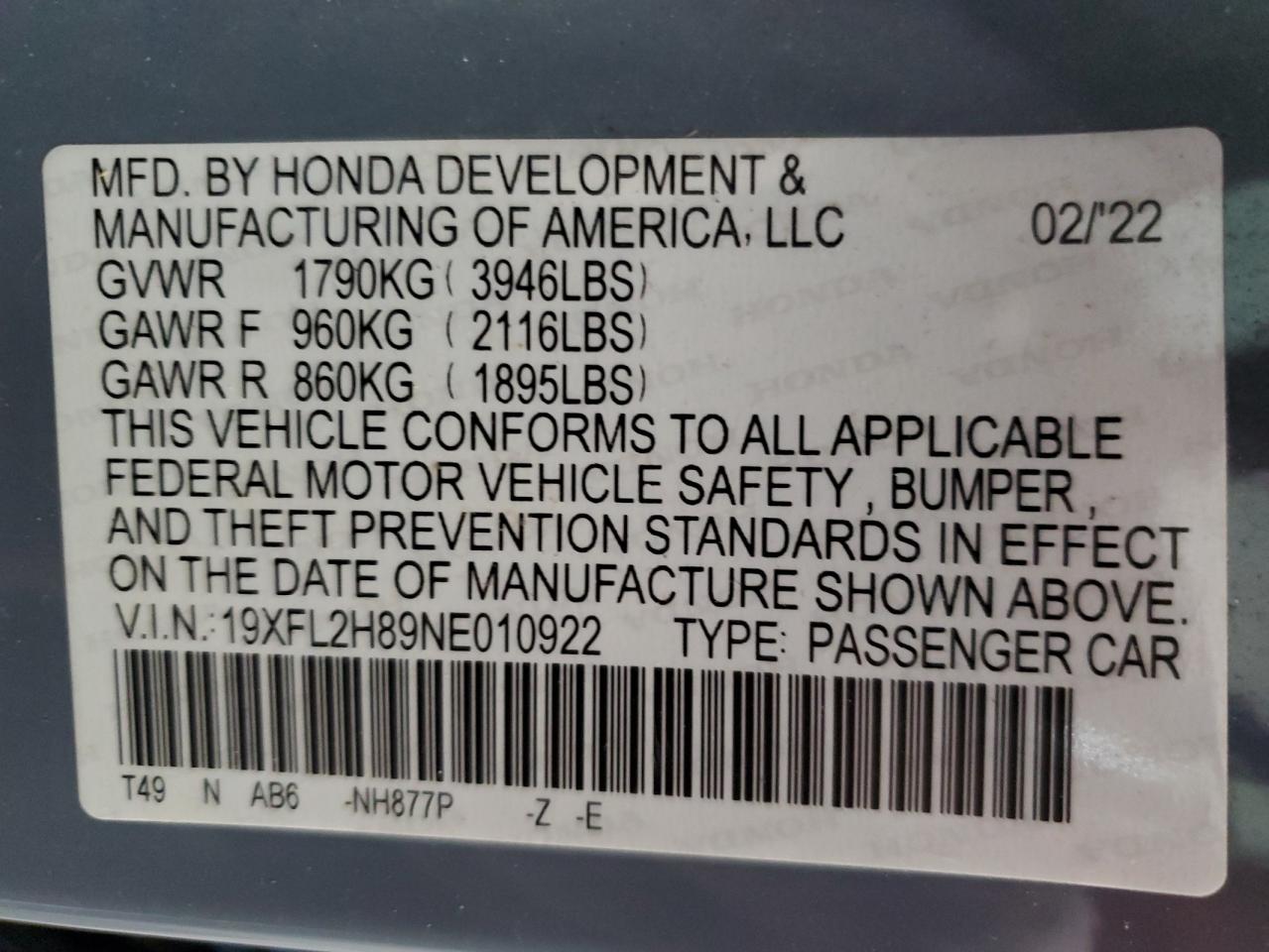 2022 HONDA CIVIC SPORT VIN:19XFL2H89NE010922