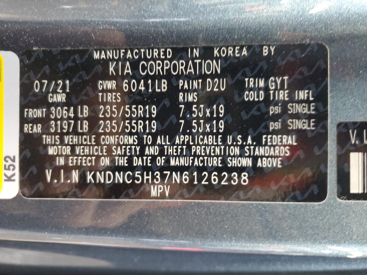 2022 KIA CARNIVAL EX VIN:KNDNC5H37N6126238
