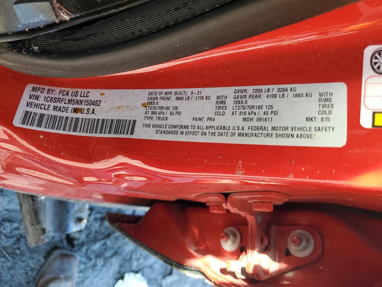 2022 RAM 1500 REBEL VIN:1C6SRFLM5NN150462