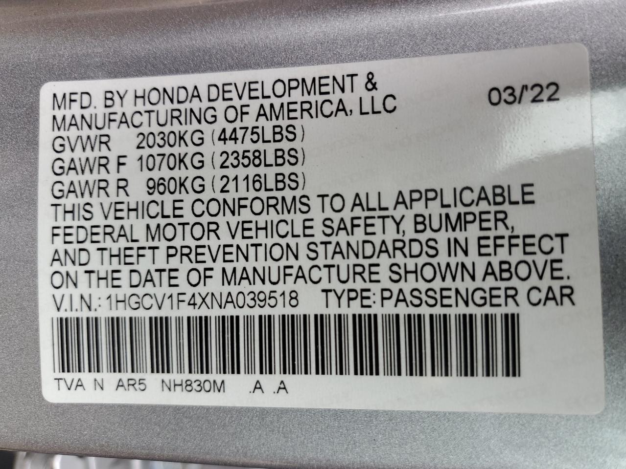 2022 HONDA ACCORD SPORT SE VIN:1HGCV1F4XNA039518